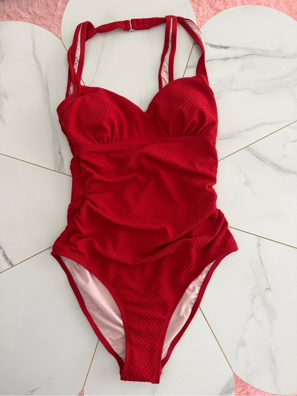 Red Textured One-Piece Swimsuit with Adjustable Straps | Tummy‎ control